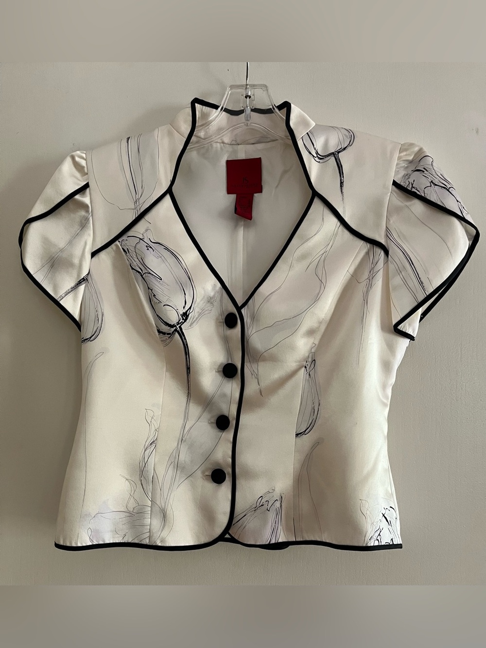JS Collections Silk Ivory/Black Floral Blouse Size Petite 6